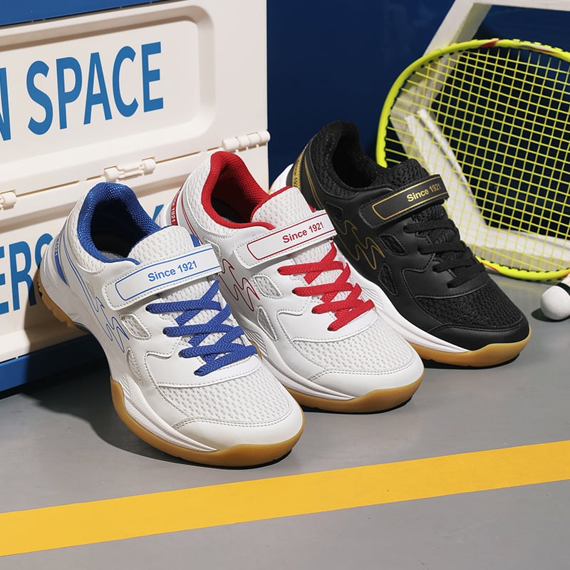 Vaikiški badmintoniniai bateliai, kvėpuojanti tinklinė viršutinė dalis, gumine pada, gumine vidurinė pada, apvalus pirštas