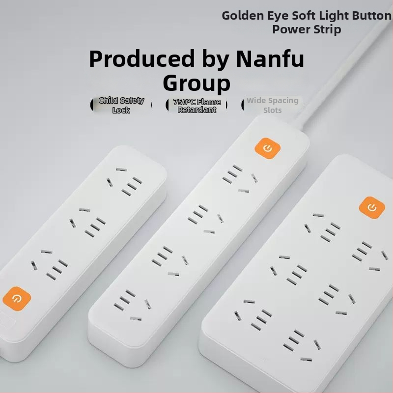Nanfu Golden Eye viacnásobný rozbočovač s dlhým káblom pre internát a domov, panel zásuviek, bezpečné zásuvky