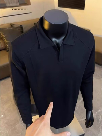 Πόλο με γιακά Henry, μακρύ μανίκι, βαμβακερό μίγμα, φαρδιά γραμμή