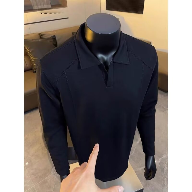 Πόλο με γιακά Henry, μακρύ μανίκι, βαμβακερό μίγμα, φαρδιά γραμμή