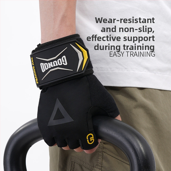 Puspirštinės fitneso pirštinės su delno apsauga — poliesterio pluoštas, tinka treniruotėms su hantelėmis ir štanga, neslidžios, dėžutė 100 vnt.