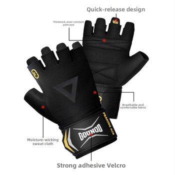 Puspirštinės fitneso pirštinės su delno apsauga — poliesterio pluoštas, tinka treniruotėms su hantelėmis ir štanga, neslidžios, dėžutė 100 vnt.