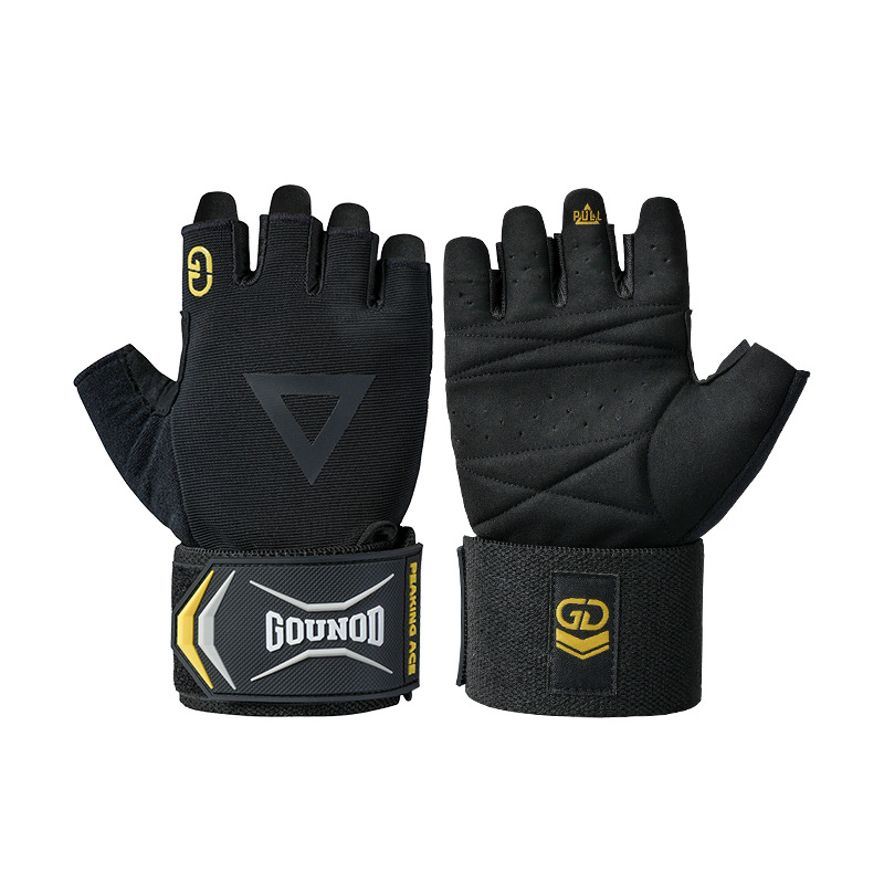 Puspirštinės fitneso pirštinės su delno apsauga — poliesterio pluoštas, tinka treniruotėms su hantelėmis ir štanga, neslidžios, dėžutė 100 vnt.