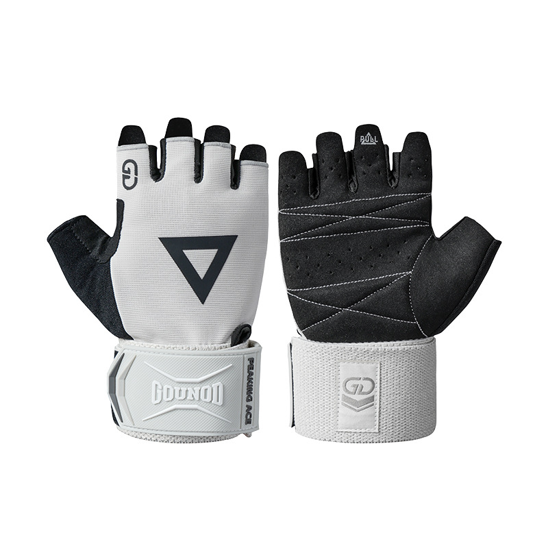 Puspirštinės fitneso pirštinės su delno apsauga — poliesterio pluoštas, tinka treniruotėms su hantelėmis ir štanga, neslidžios, dėžutė 100 vnt.