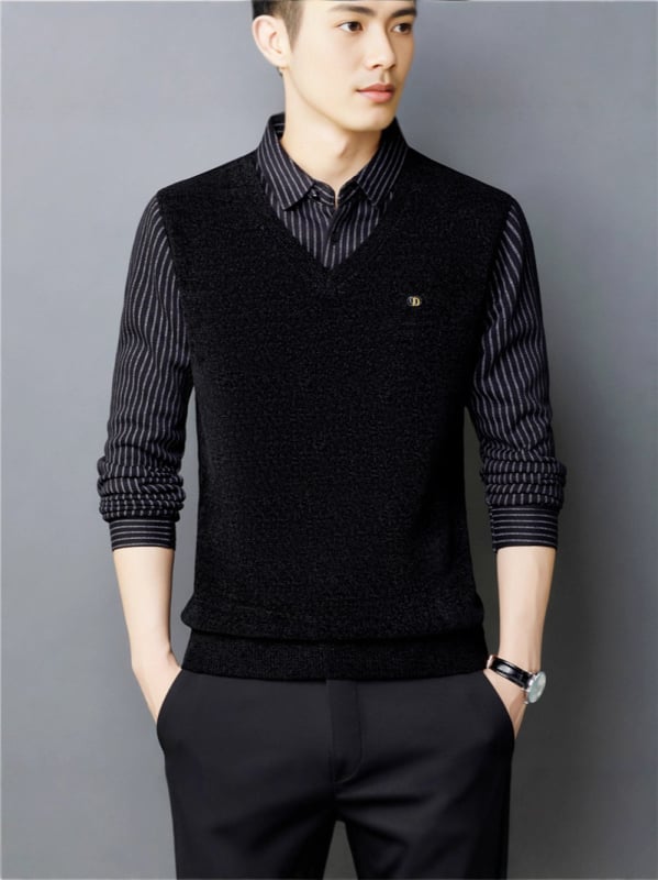 Πόλο πουκάμισο με μακριά μανίκια για τον χειμώνα, άνετη γραμμή, μοτίβο χρωματικού μπλοκ με patchwork, βαμβακερό πλεκτό ύφασμα (πολυεστέρας 64,7% / νάιλον 35,3%)