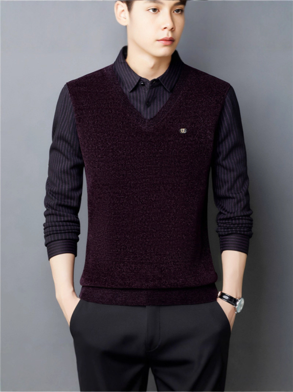 Πόλο πουκάμισο με μακριά μανίκια για τον χειμώνα, άνετη γραμμή, μοτίβο χρωματικού μπλοκ με patchwork, βαμβακερό πλεκτό ύφασμα (πολυεστέρας 64,7% / νάιλον 35,3%)