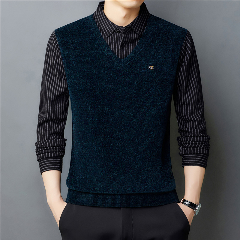 Πόλο πουκάμισο με μακριά μανίκια για τον χειμώνα, άνετη γραμμή, μοτίβο χρωματικού μπλοκ με patchwork, βαμβακερό πλεκτό ύφασμα (πολυεστέρας 64,7% / νάιλον 35,3%)