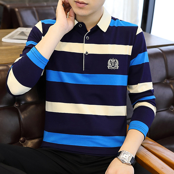 Ανδρική πόλο μπλούζα με ρίγες, μακριά μανίκια, μίγμα βαμβακιού, Φθινόπωρο 2024