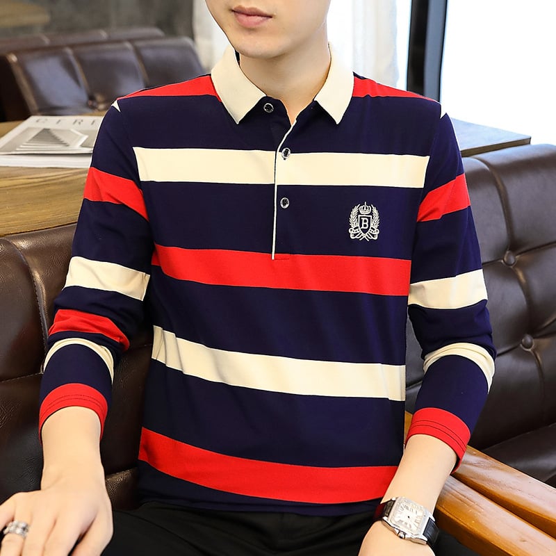 Ανδρική πόλο μπλούζα με ρίγες, μακριά μανίκια, μίγμα βαμβακιού, Φθινόπωρο 2024