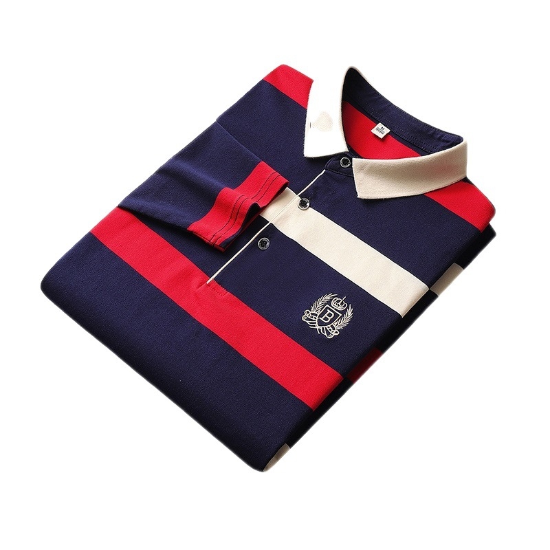 Ανδρική πόλο μπλούζα με ρίγες, μακριά μανίκια, μίγμα βαμβακιού, Φθινόπωρο 2024