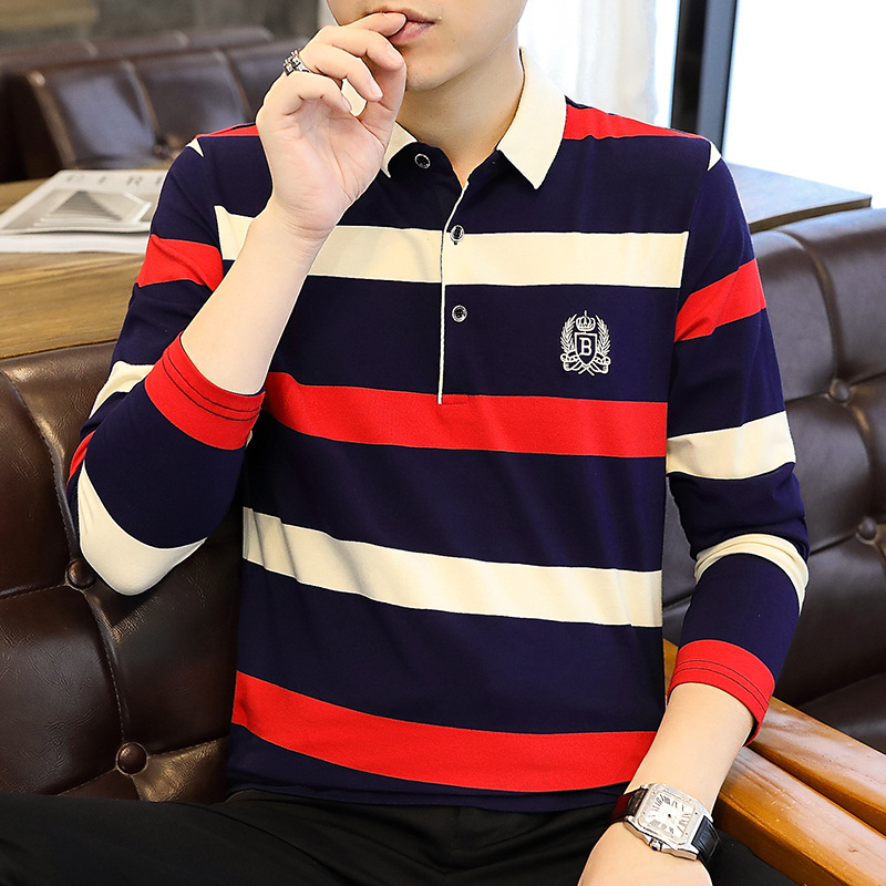 Ανδρική πόλο μπλούζα με ρίγες, μακριά μανίκια, μίγμα βαμβακιού, Φθινόπωρο 2024