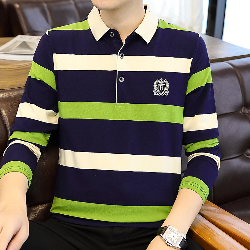 Ανδρική πόλο μπλούζα με ρίγες, μακριά μανίκια, μίγμα βαμβακιού, Φθινόπωρο 2024