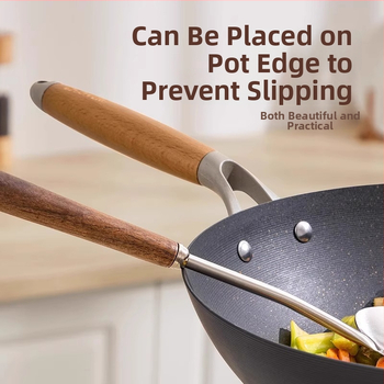 Virtuvės šaukštas iš 304 nerūdijančio plieno, medinė rankenėlė, neprilimpančiai paviršiai, atspari karščiui, ilga rankena