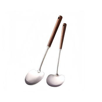 Virtuvės šaukštas iš 304 nerūdijančio plieno, medinė rankenėlė, neprilimpančiai paviršiai, atspari karščiui, ilga rankena