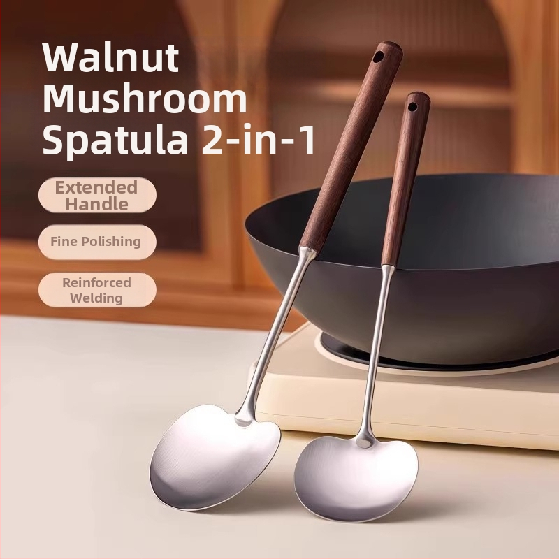 Virtuvės šaukštas iš 304 nerūdijančio plieno, medinė rankenėlė, neprilimpančiai paviršiai, atspari karščiui, ilga rankena