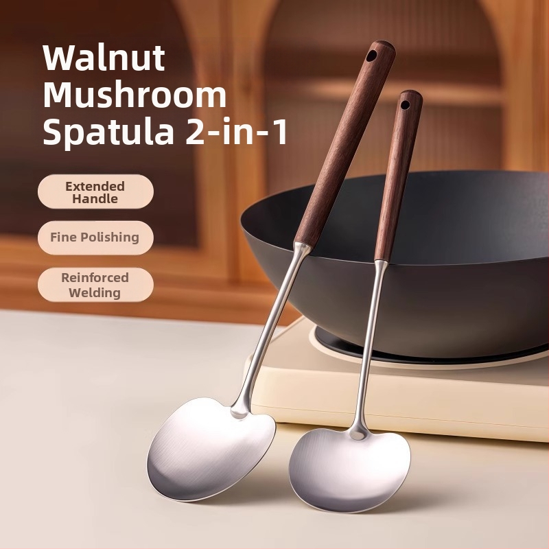 Virtuvės šaukštas iš 304 nerūdijančio plieno, medinė rankenėlė, neprilimpančiai paviršiai, atspari karščiui, ilga rankena