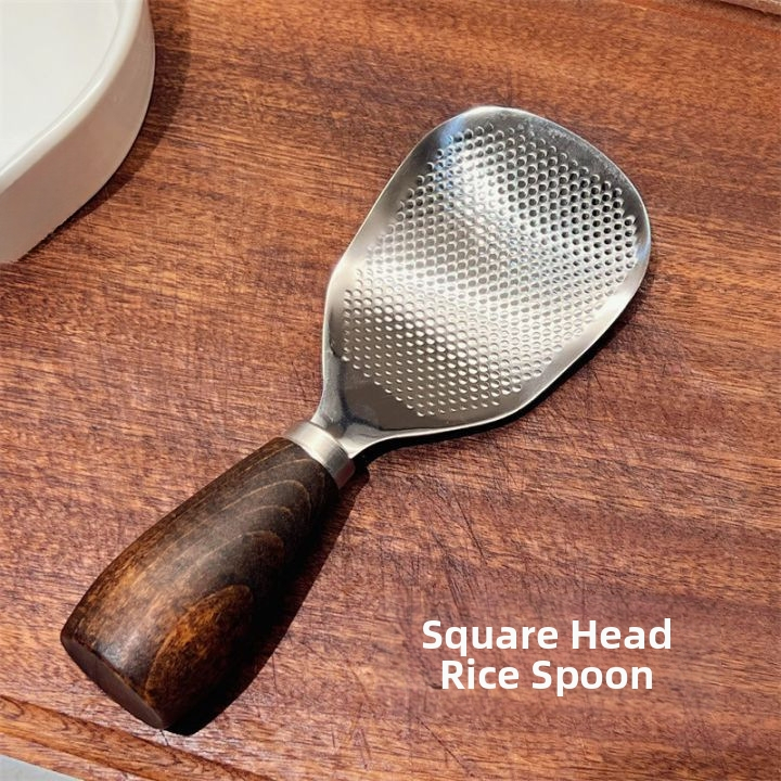 Ryžių šaukštas su medine rankena ir nerūdijančio plieno galvute, vertikalus stovelis, atsparus aukštoms temperatūroms, tinkamas elektriniam ryžių virimo puodui