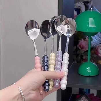 Žlica s keramičkim držalom, 5-dijelni set s dugim držajem, minimalistički stil, nehrđajući čelik