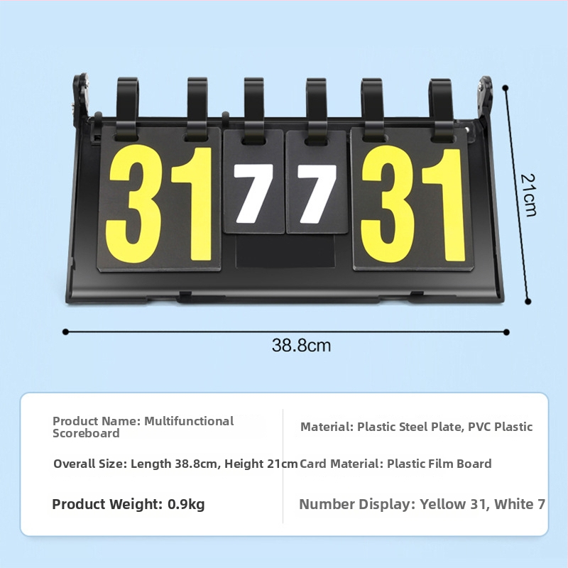 Rezultatų skydelis – ABS; daug sportų suderinamumas (krepšinis, futbolas, tenisas, badmintonas, stalo tenisas, tinklinis); logotipo spausdinimas; pritaikymas; apima keitimo kortelę ir taktinę lentą