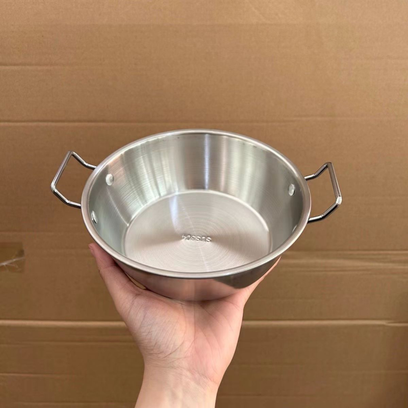 Κορεάτικου στιλ μπολ από ανοξείδωτο χάλυβα 304 για instant noodles, με δύο χερούλια, στρογγυλό σχήμα, μοντέρνο μινιμαλιστικό σχέδιο; δεν είναι κατάλληλο για φούρνο μικροκυμάτων; Διαθέσιμη εκτύπωση λογότυπου.