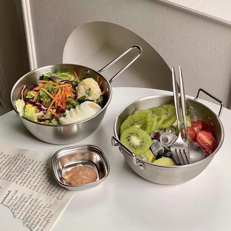 Κορεάτικου στιλ μπολ από ανοξείδωτο χάλυβα 304 για instant noodles, με δύο χερούλια, στρογγυλό σχήμα, μοντέρνο μινιμαλιστικό σχέδιο; δεν είναι κατάλληλο για φούρνο μικροκυμάτων; Διαθέσιμη εκτύπωση λογότυπου.