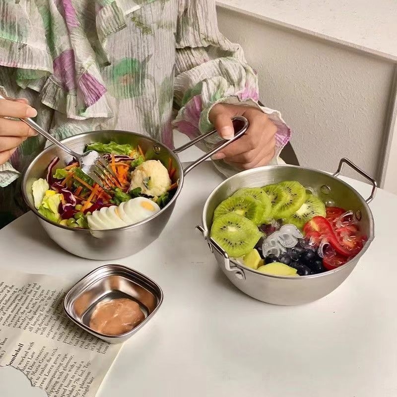 Κορεάτικου στιλ μπολ από ανοξείδωτο χάλυβα 304 για instant noodles, με δύο χερούλια, στρογγυλό σχήμα, μοντέρνο μινιμαλιστικό σχέδιο; δεν είναι κατάλληλο για φούρνο μικροκυμάτων; Διαθέσιμη εκτύπωση λογότυπου.