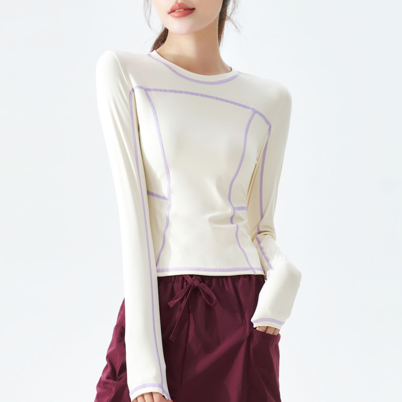KURYOGA Ženski dugi rukav Slim-Fit trening top — vanjska tkanina Nylon 25% Spandex; podstava Nylon 75% Spandex; za fitness, trčanje, jogu; lansiranje 2025