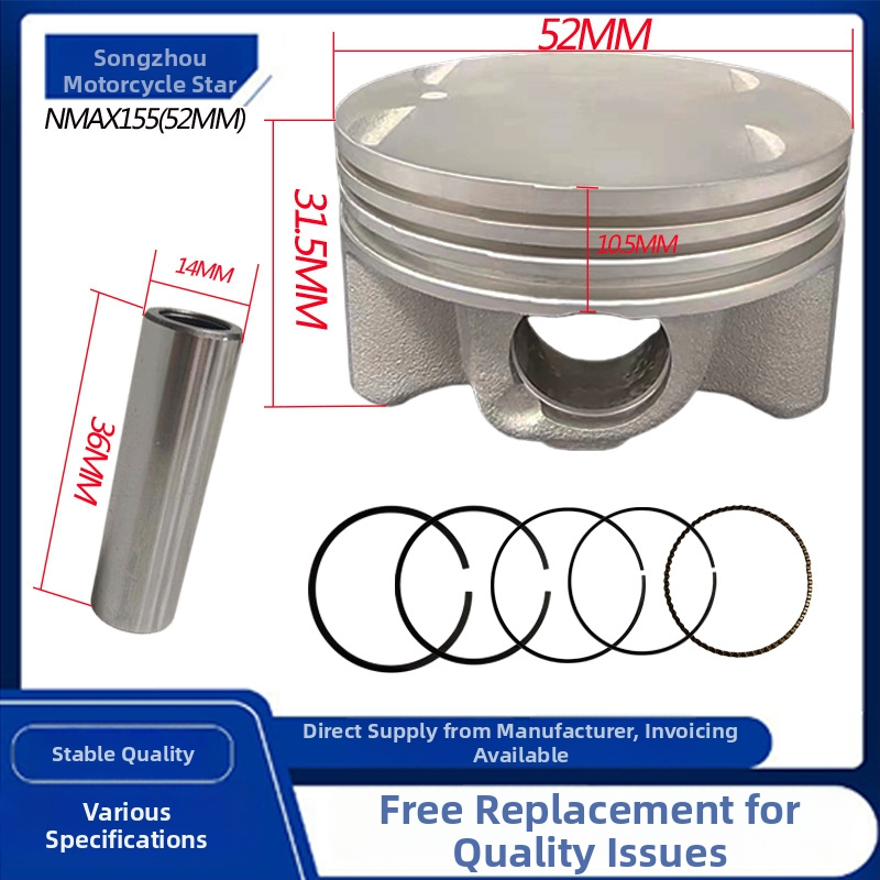 Stūmoklio rinkinys Yamaha NMAX155/NMAX125 – Ø52 mm, 3 žiedų grioveliai, sujungtas žiedas, koninis žiedo profilis, aliuminis