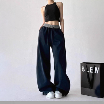 Γυναικείες παντελόνες με ψηλή μέση και φαρδιά πόδια, στυλ color-block, ύφασμα βαμβάκι-πολυεστέρα, μακριές