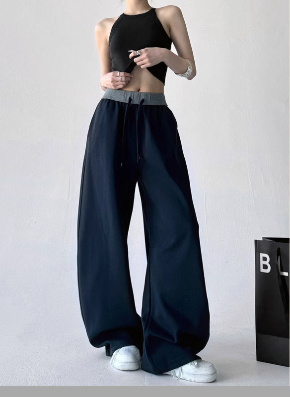Γυναικείες παντελόνες με ψηλή μέση και φαρδιά πόδια, στυλ color-block, ύφασμα βαμβάκι-πολυεστέρα, μακριές