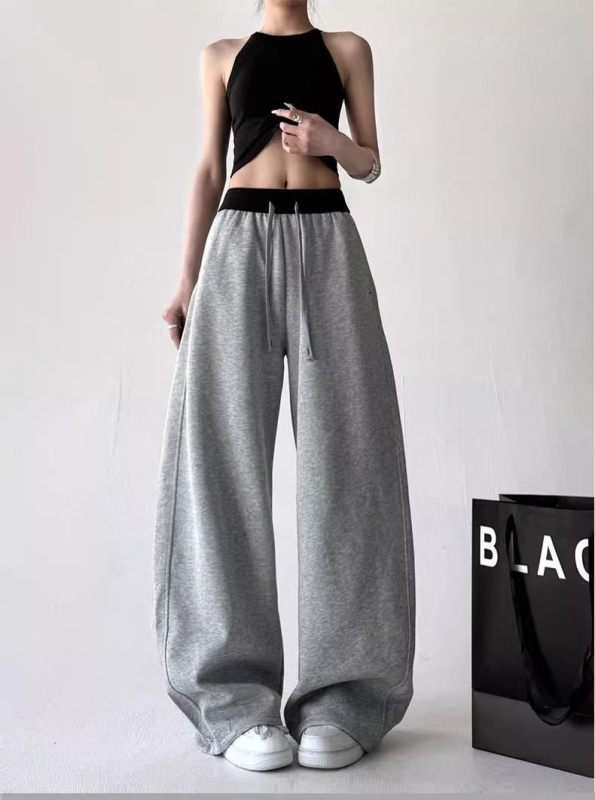 Γυναικείες παντελόνες με ψηλή μέση και φαρδιά πόδια, στυλ color-block, ύφασμα βαμβάκι-πολυεστέρα, μακριές