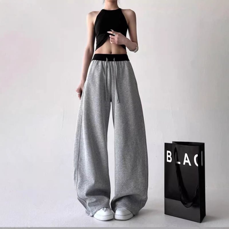Γυναικείες παντελόνες με ψηλή μέση και φαρδιά πόδια, στυλ color-block, ύφασμα βαμβάκι-πολυεστέρα, μακριές