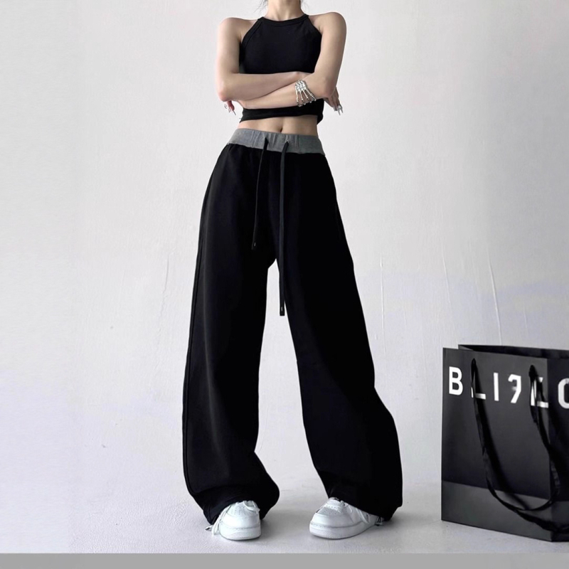 Γυναικείες παντελόνες με ψηλή μέση και φαρδιά πόδια, στυλ color-block, ύφασμα βαμβάκι-πολυεστέρα, μακριές