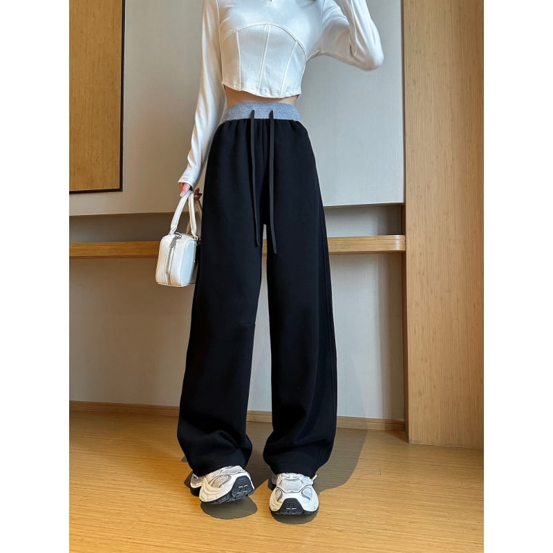 Γυναικείες παντελόνες με ψηλή μέση και φαρδιά πόδια, στυλ color-block, ύφασμα βαμβάκι-πολυεστέρα, μακριές