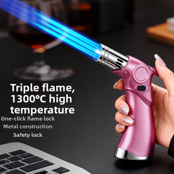 Trīs liesmas vēja izturīgs aizdedzinātājs cigārām un āra grilēšanai, butāna degviela, metāla korpuss