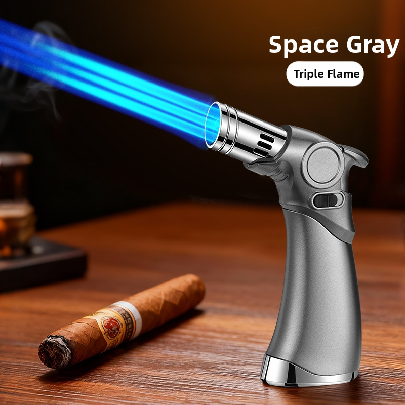 Trīs liesmas vēja izturīgs aizdedzinātājs cigārām un āra grilēšanai, butāna degviela, metāla korpuss