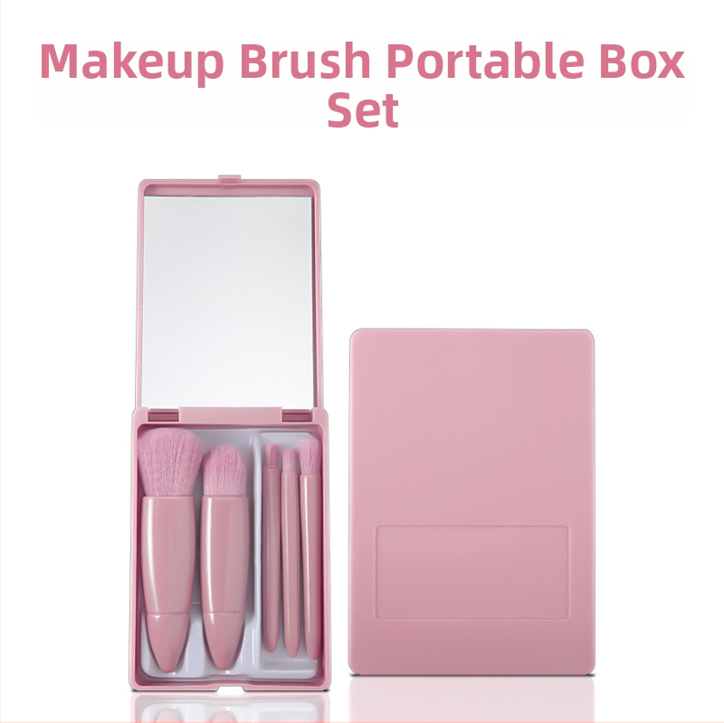 5 dalių makiažo šepetėlių rinkinys su minkštomis sintetinių šerelių, plastmasine rankenėle, nešiojama dėžutė