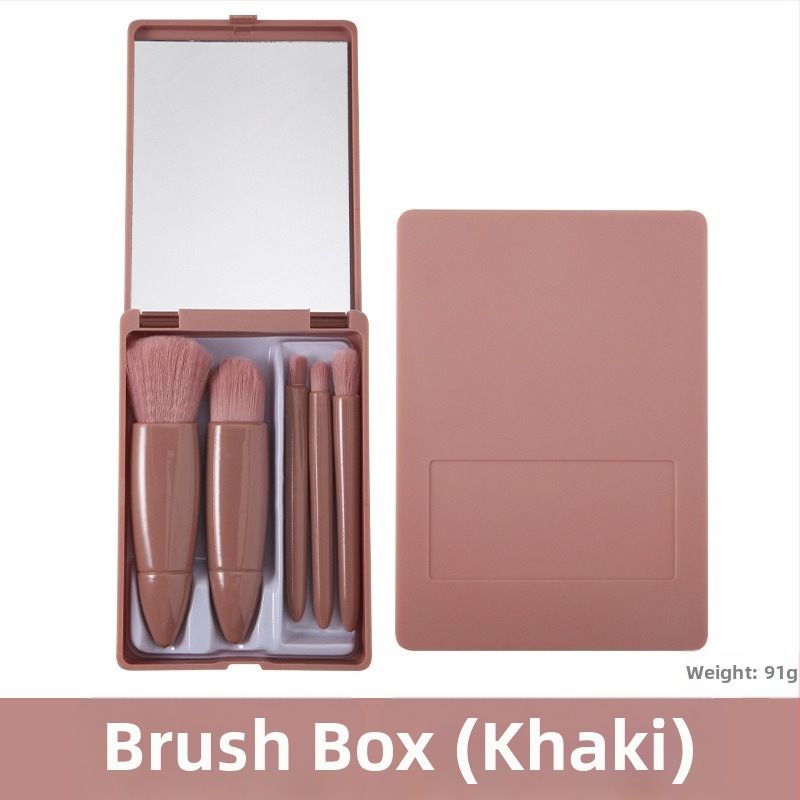 5 dalių makiažo šepetėlių rinkinys su minkštomis sintetinių šerelių, plastmasine rankenėle, nešiojama dėžutė