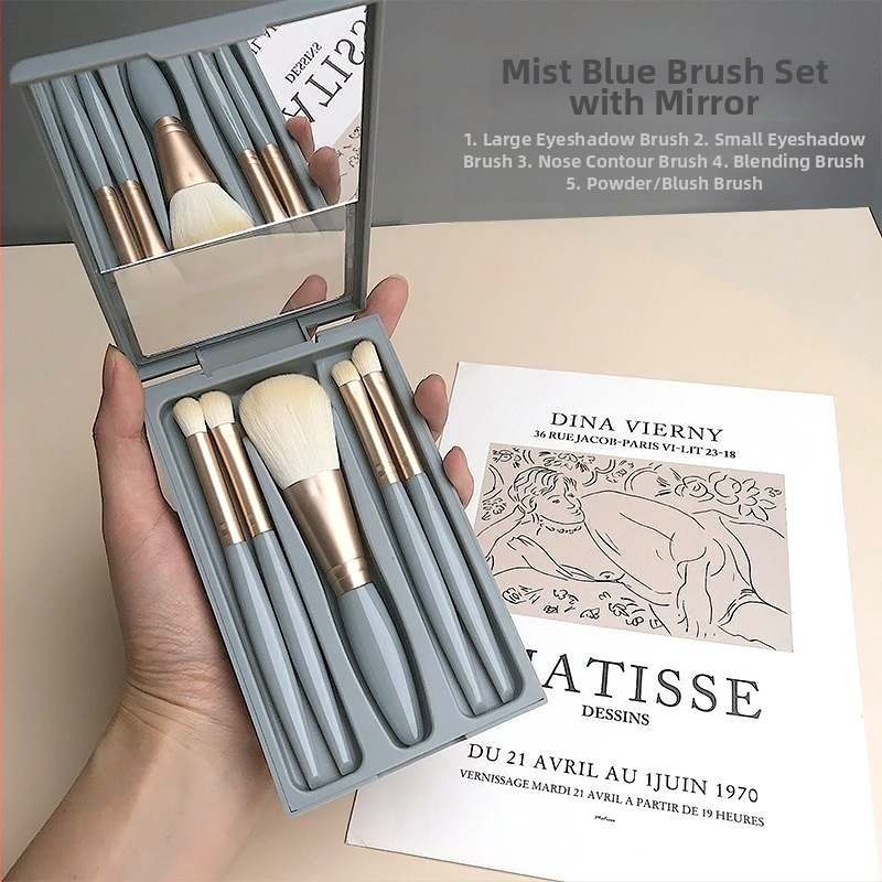 5 dalių makiažo šepetėlių rinkinys su minkštomis sintetinių šerelių, plastmasine rankenėle, nešiojama dėžutė