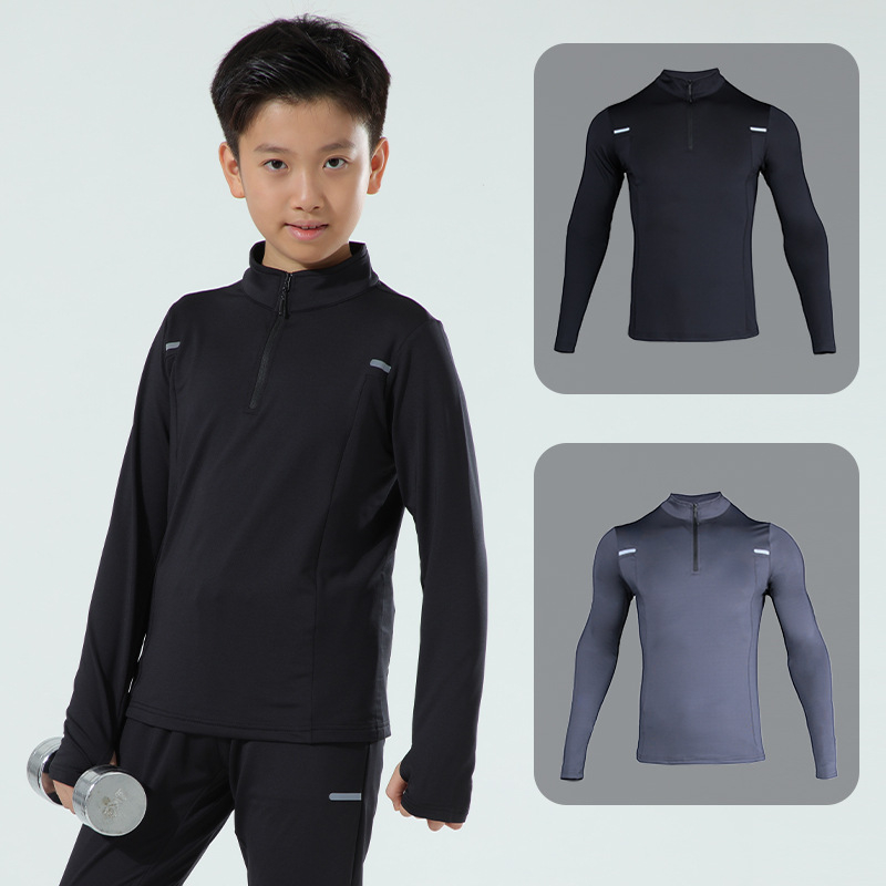 Vaikų sportinis kostiumas, greitai džiūstantis, ilgomis rankovėmis, stovinčiu kaklu, vienos spalvos, poliesteris 90% + spandeksas 10%