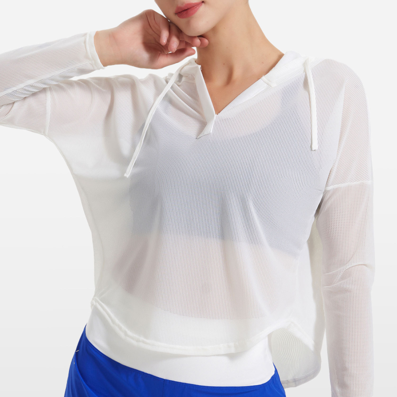 Ženski dugi rukav s kapuljačom za trčanje – prozračan, brzo se suši, opuštena kroj, najlon tkanina s podstavom od spandexa (85% najlon, 15% spandex)