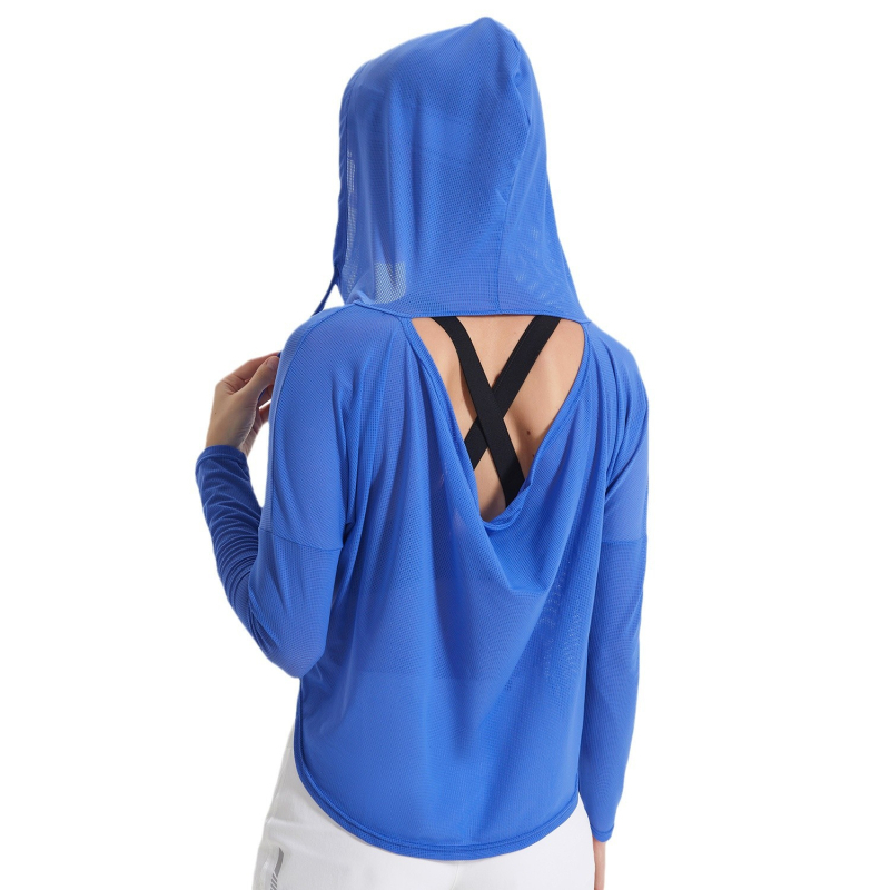 Ženski dugi rukav s kapuljačom za trčanje – prozračan, brzo se suši, opuštena kroj, najlon tkanina s podstavom od spandexa (85% najlon, 15% spandex)