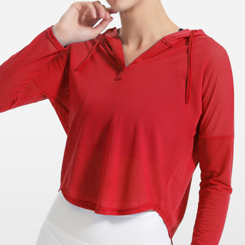 Ženski dugi rukav s kapuljačom za trčanje – prozračan, brzo se suši, opuštena kroj, najlon tkanina s podstavom od spandexa (85% najlon, 15% spandex)