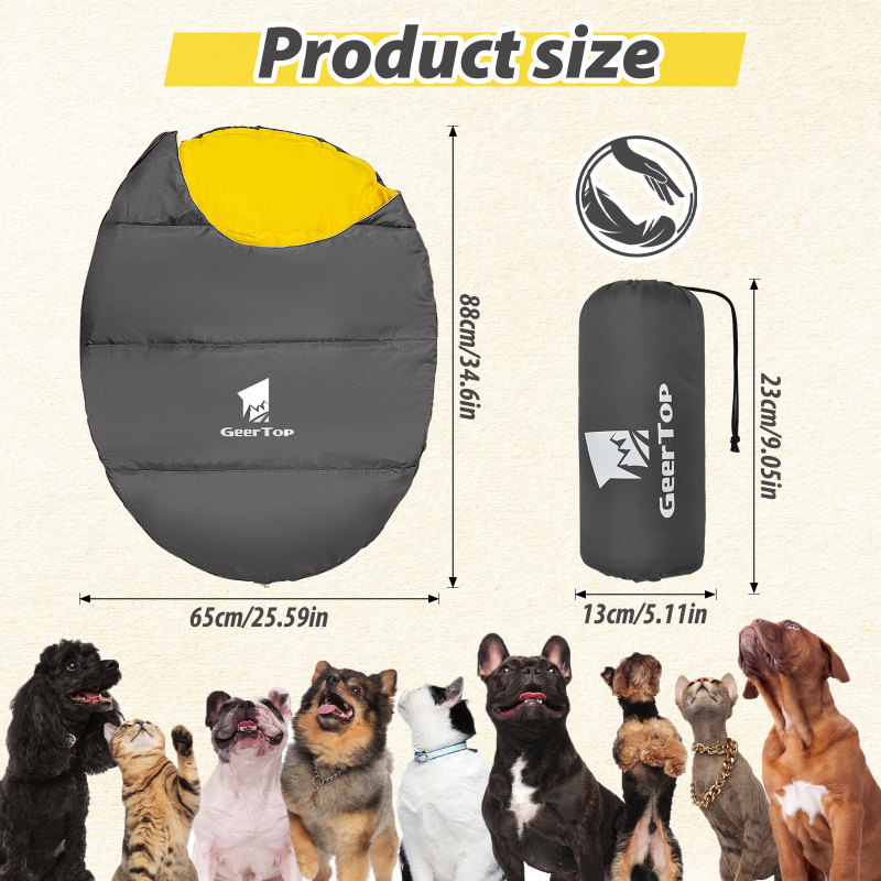 Kelioninis šunų ar kačių miego maišelis – mumijos stiliaus konstrukcija, užpildas 150 g/m2 spun cotton, įdaila 170t poliesteris, audinys 190t poliesteris, svoris 320 g