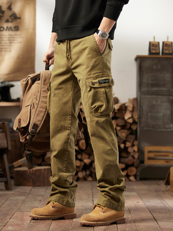 Vīriešu darba ikdienas bikses amerikāņu vintage stilā, taisna silueta, vidējā josta, daudz kabatu, kokvilnas maisījums