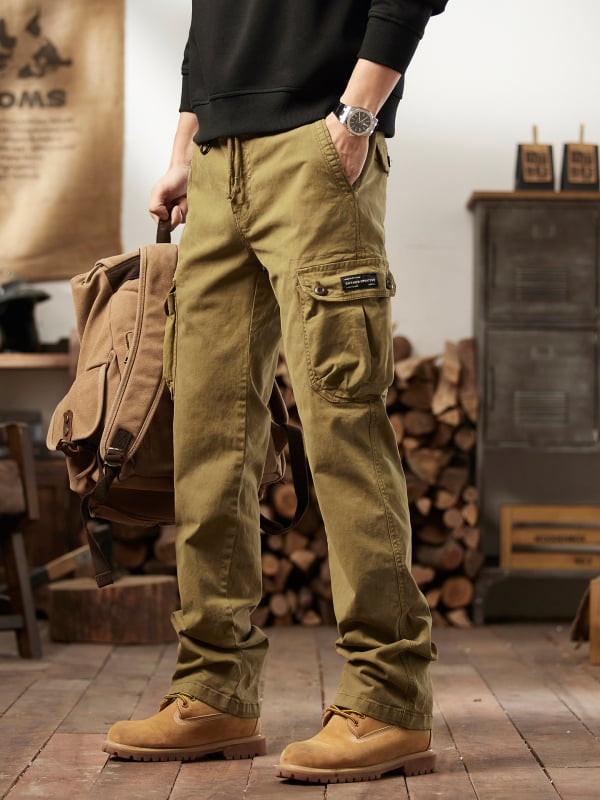 Vīriešu darba ikdienas bikses amerikāņu vintage stilā, taisna silueta, vidējā josta, daudz kabatu, kokvilnas maisījums