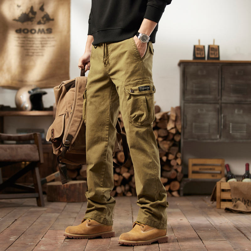 Vīriešu darba ikdienas bikses amerikāņu vintage stilā, taisna silueta, vidējā josta, daudz kabatu, kokvilnas maisījums
