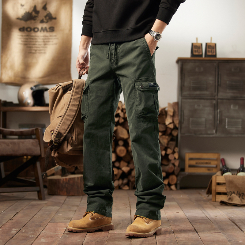 Vīriešu darba ikdienas bikses amerikāņu vintage stilā, taisna silueta, vidējā josta, daudz kabatu, kokvilnas maisījums