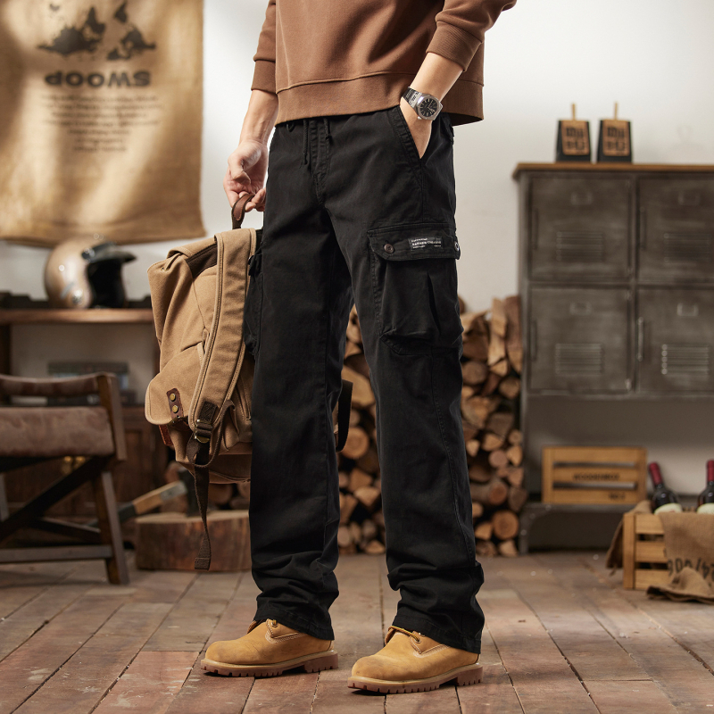 Vīriešu darba ikdienas bikses amerikāņu vintage stilā, taisna silueta, vidējā josta, daudz kabatu, kokvilnas maisījums