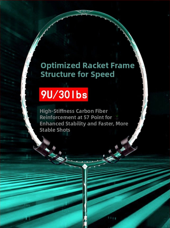 Badminton raketė, anglies pluošto rėmas, svoris 75–79 g, G5 rankena, tiesus kotas